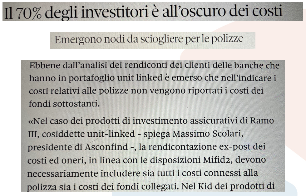 Articolo che evidenzia che il 70% degli investitori è all'oscuro dei costi associati agli investimenti in polizze