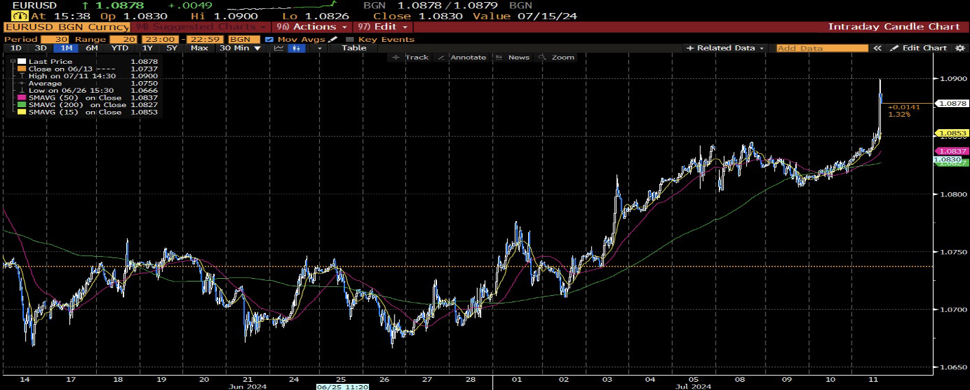 Grafico del cambio EUR/USD dopo i dati CPI di luglio 2024