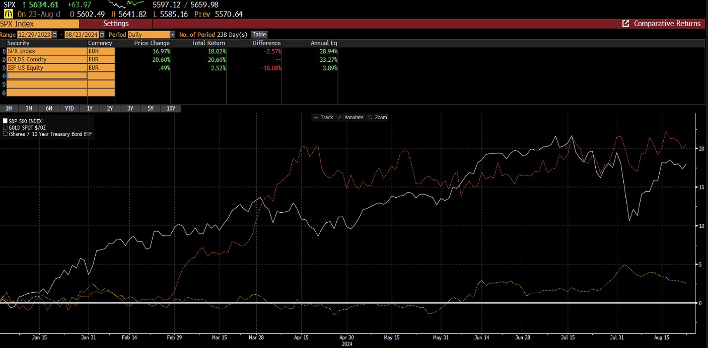 Grafico che evidenzia l'oro come miglior investimento del 2024 con un rendimento del +20,6%, seguito dall'S&P 500 e dai bond.