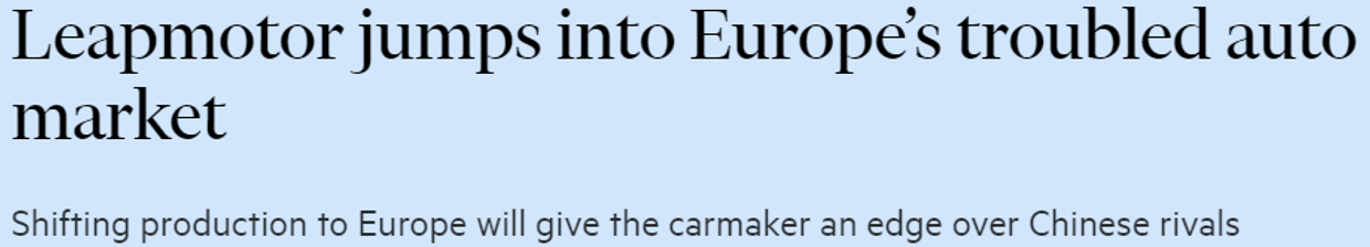 Titolo di un articolo che annuncia l'ingresso di Leapmotor nel mercato automobilistico europeo, con focus sulla produzione in Europa per competere con i rivali cinesi